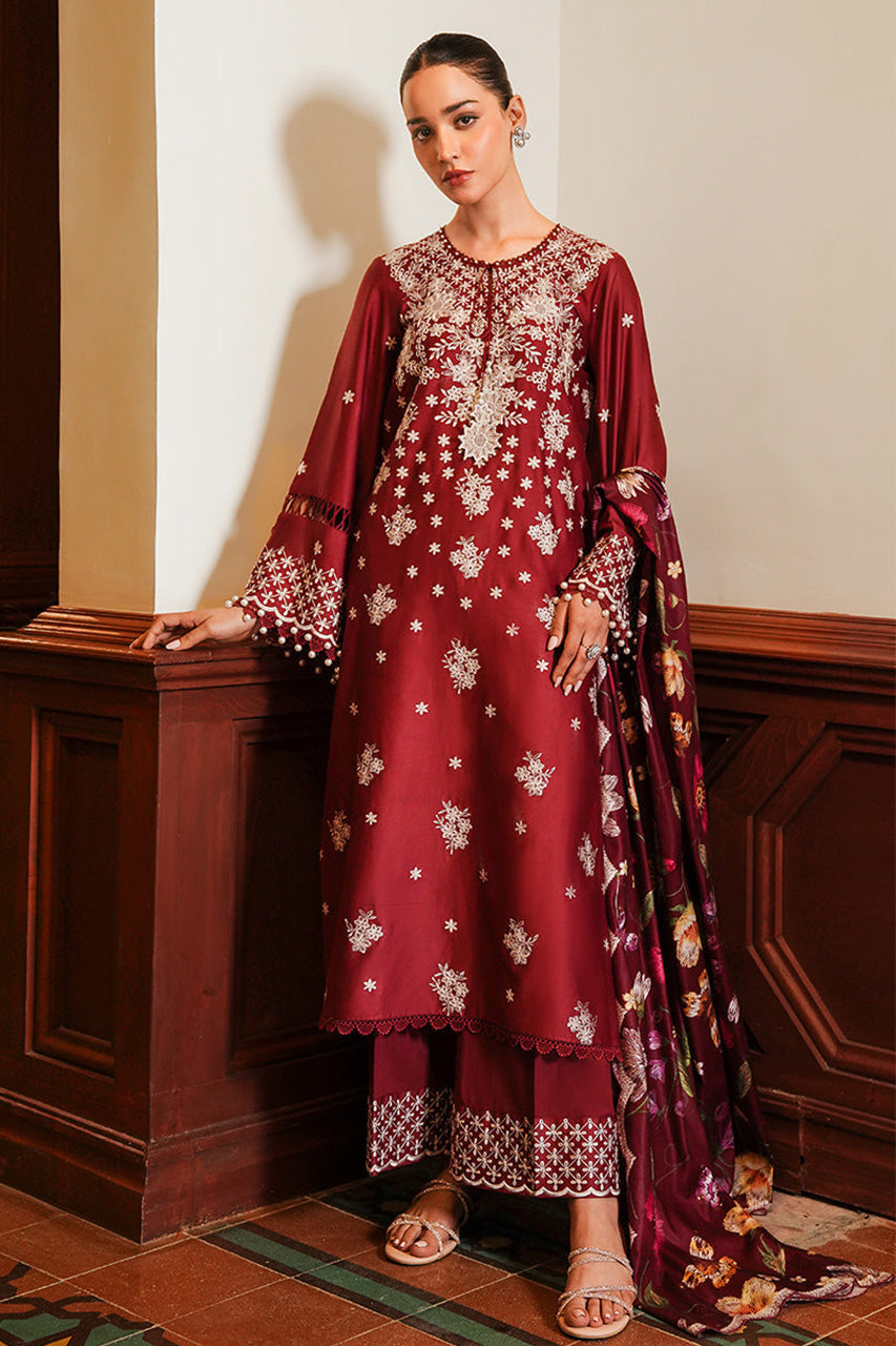 STAIN DE LUXE'24-DEEP BERRY-3PC SATIN EMBROIDERED SUIT