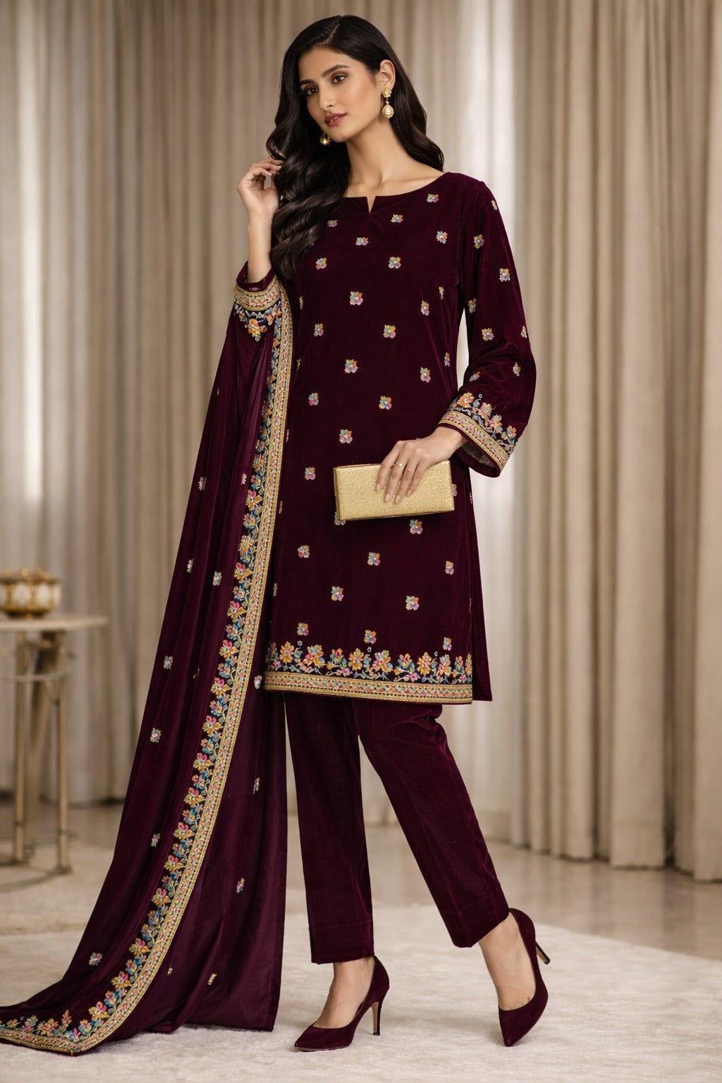 Zeya Velvet - Maroon 02 Velvet Unstitched Suit – 3 Piece Set - RTS