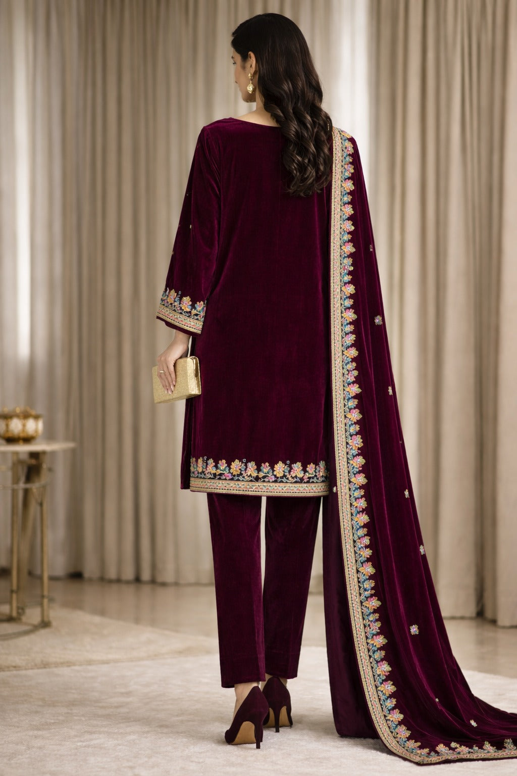Zeya Velvet - Maroon 02 Velvet Unstitched Suit – 3 Piece Set - RTS