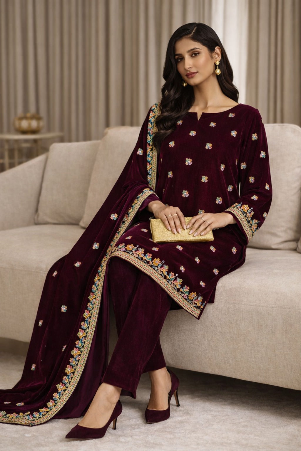 Zeya Velvet - Maroon 02 Velvet Unstitched Suit – 3 Piece Set - RTS