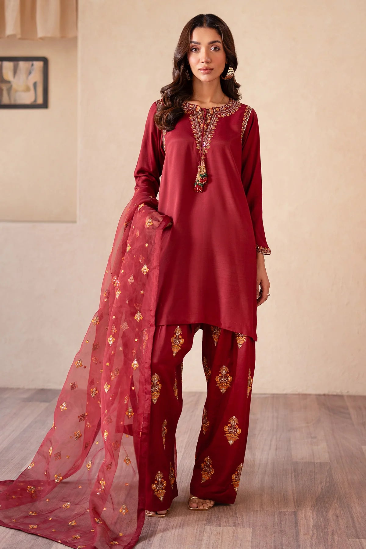 3-PC Embroidered Raw-Silk Shirt with Organza Dupatta and Trouser CMA-4-077 MEHROON