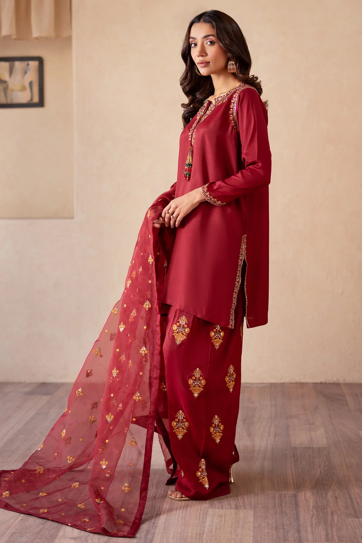 3-PC Embroidered Raw-Silk Shirt with Organza Dupatta and Trouser CMA-4-077 MEHROON