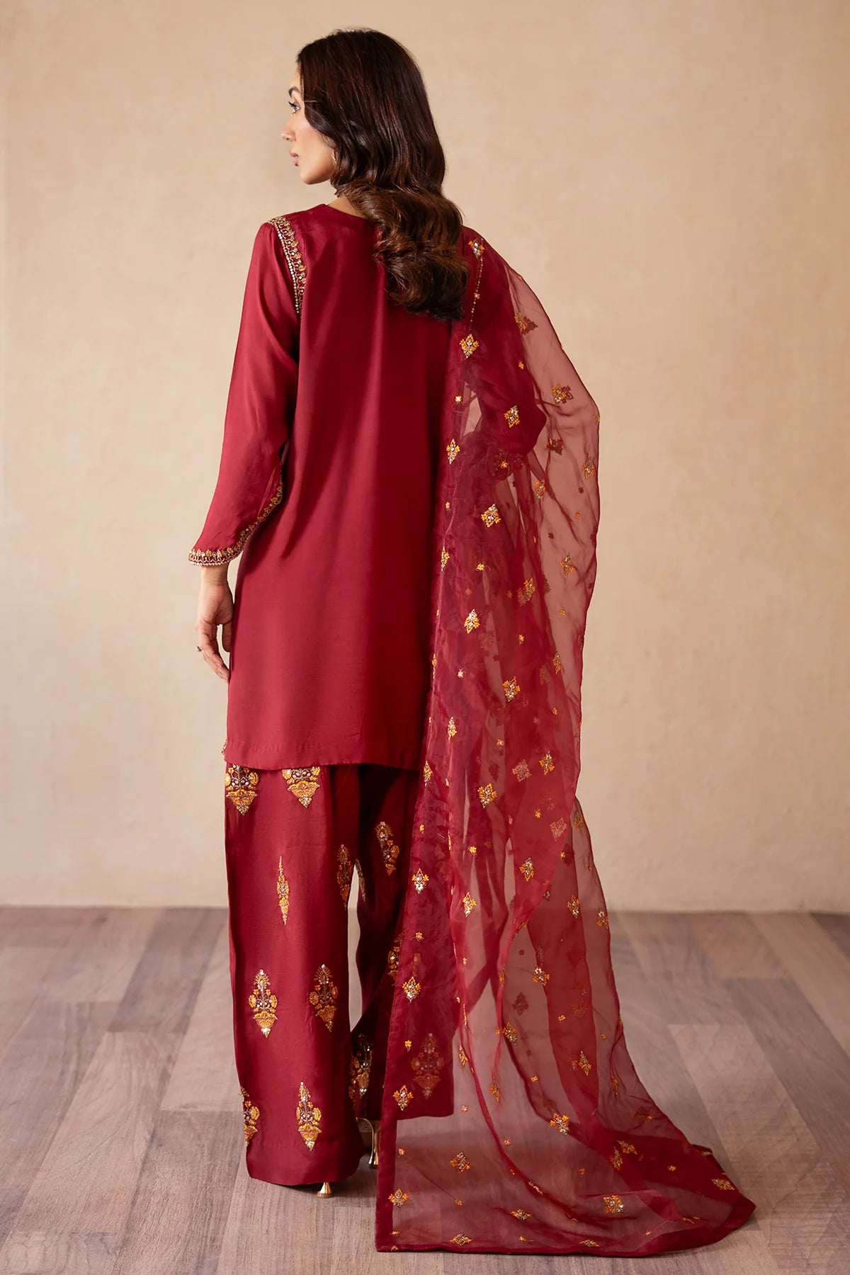 3-PC Embroidered Raw-Silk Shirt with Organza Dupatta and Trouser CMA-4-077 MEHROON