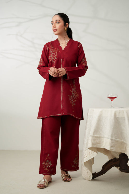 DEEP RED LUXURY EMBROIDERED FALL SET (NPA2-24315)