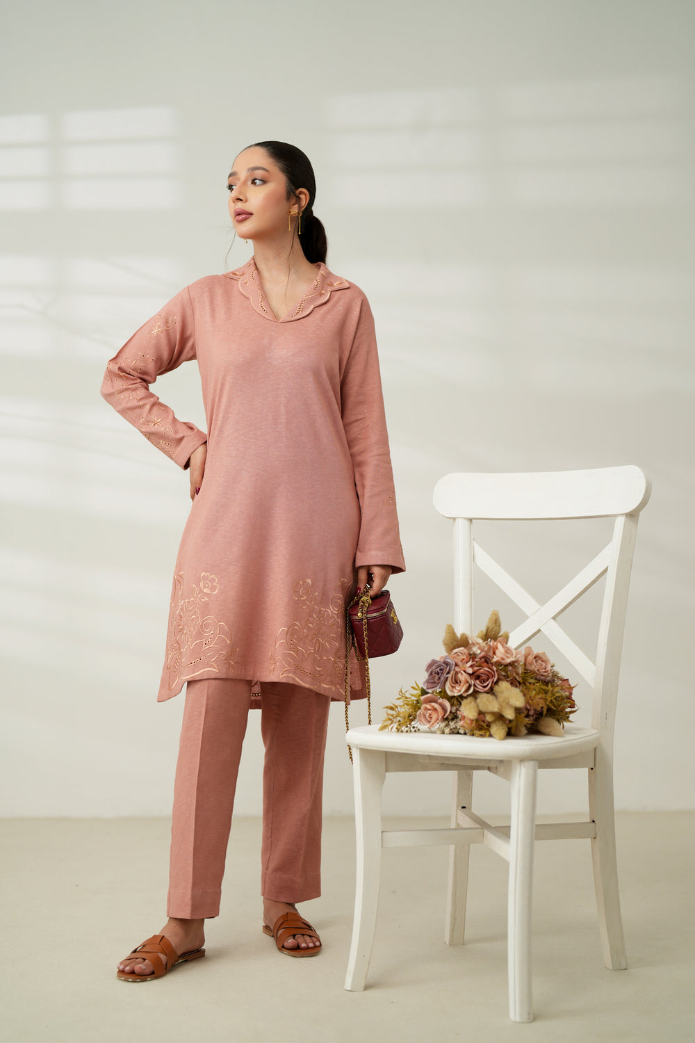 TEA PINK LUXURY EMBROIDERED FALL SET (NPA2-24318)