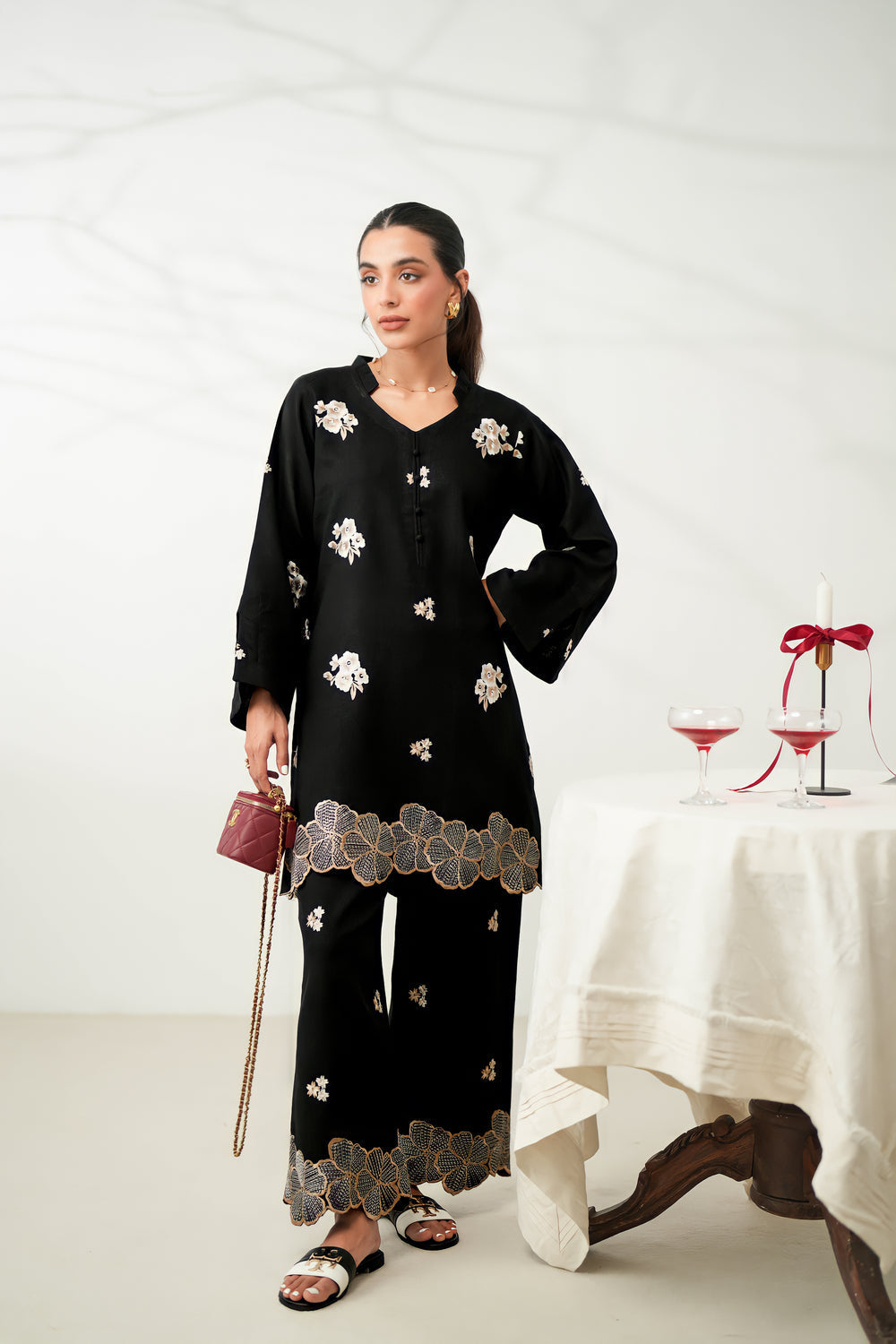 BLACK LUXURY EMBROIDERED FALL SET (NPA2-24317) (RTS)