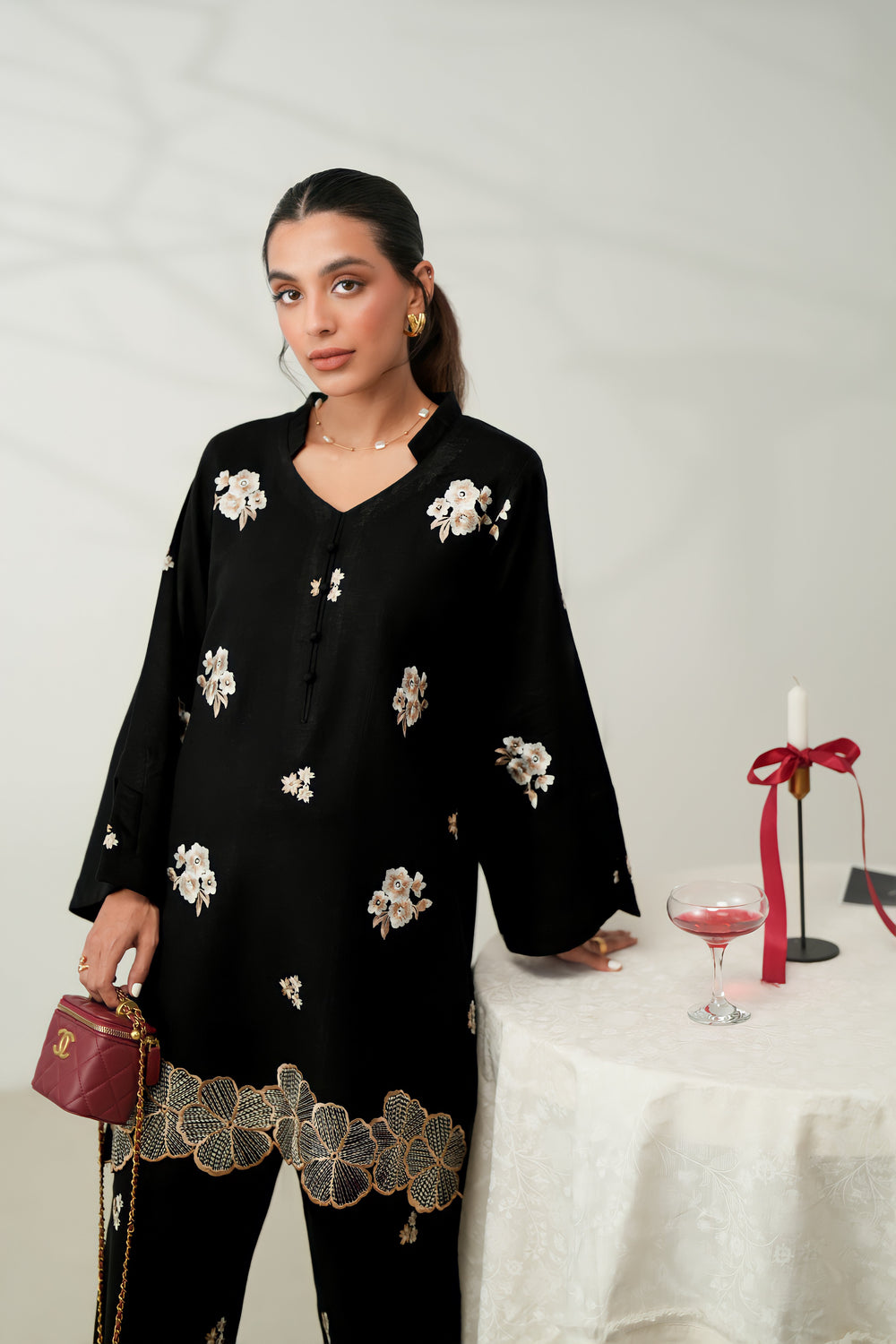 BLACK LUXURY EMBROIDERED FALL SET (NPA2-24317) (RTS)