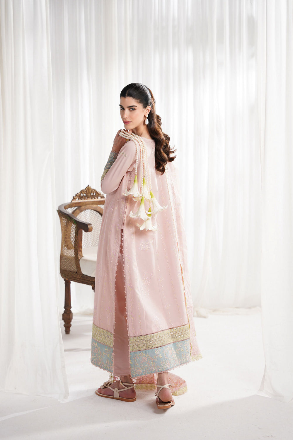 Eid Pret '25 - PASTEL PINK LUXURY EMBROIDERED 3PCS KALIDAR SET NPA3-25413