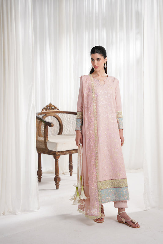 Eid Pret '25 - PASTEL PINK LUXURY EMBROIDERED 3PCS KALIDAR SET NPA3-25413