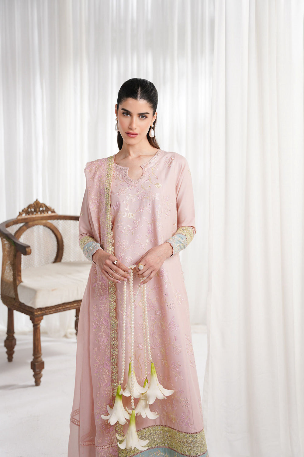 Eid Pret '25 - PASTEL PINK LUXURY EMBROIDERED 3PCS KALIDAR SET NPA3-25413