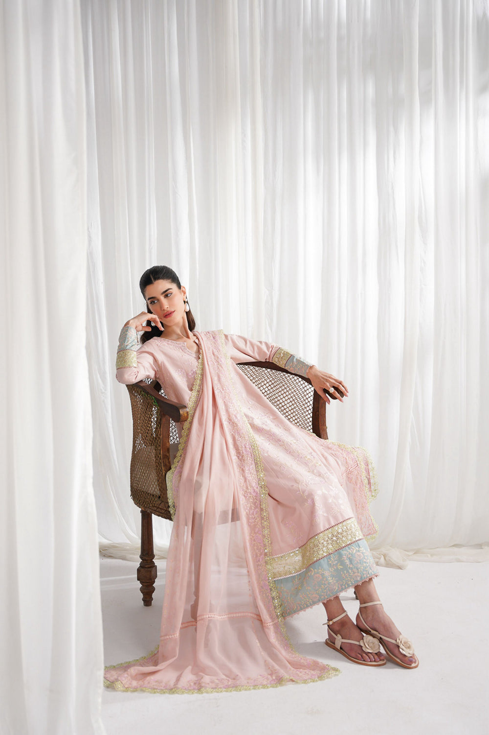 Eid Pret '25 - PASTEL PINK LUXURY EMBROIDERED 3PCS KALIDAR SET NPA3-25413