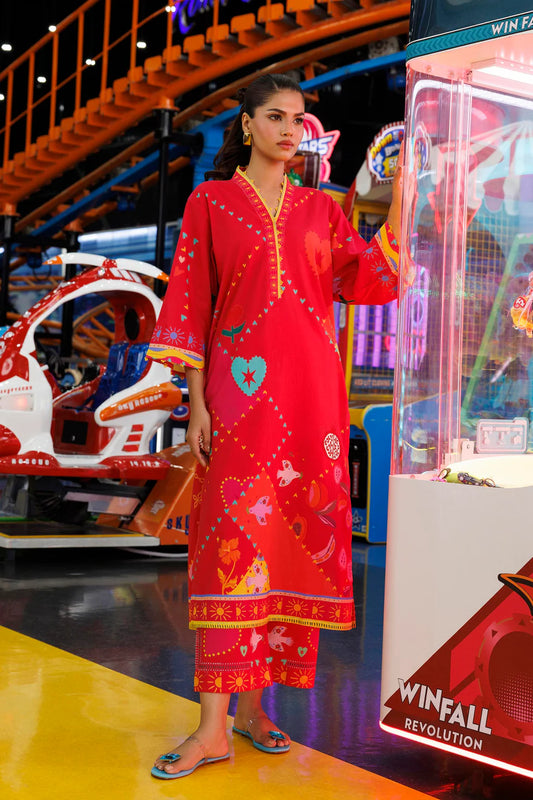 Red Stitched Printed Lawn Shirt And Culotte‘26- RTS