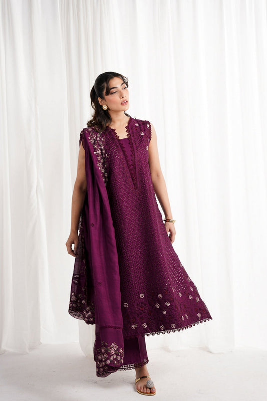 Eid Pret '25 - DEEP PLUM LUXURY EMBROIDERED 3PCS SET NPA3-25409