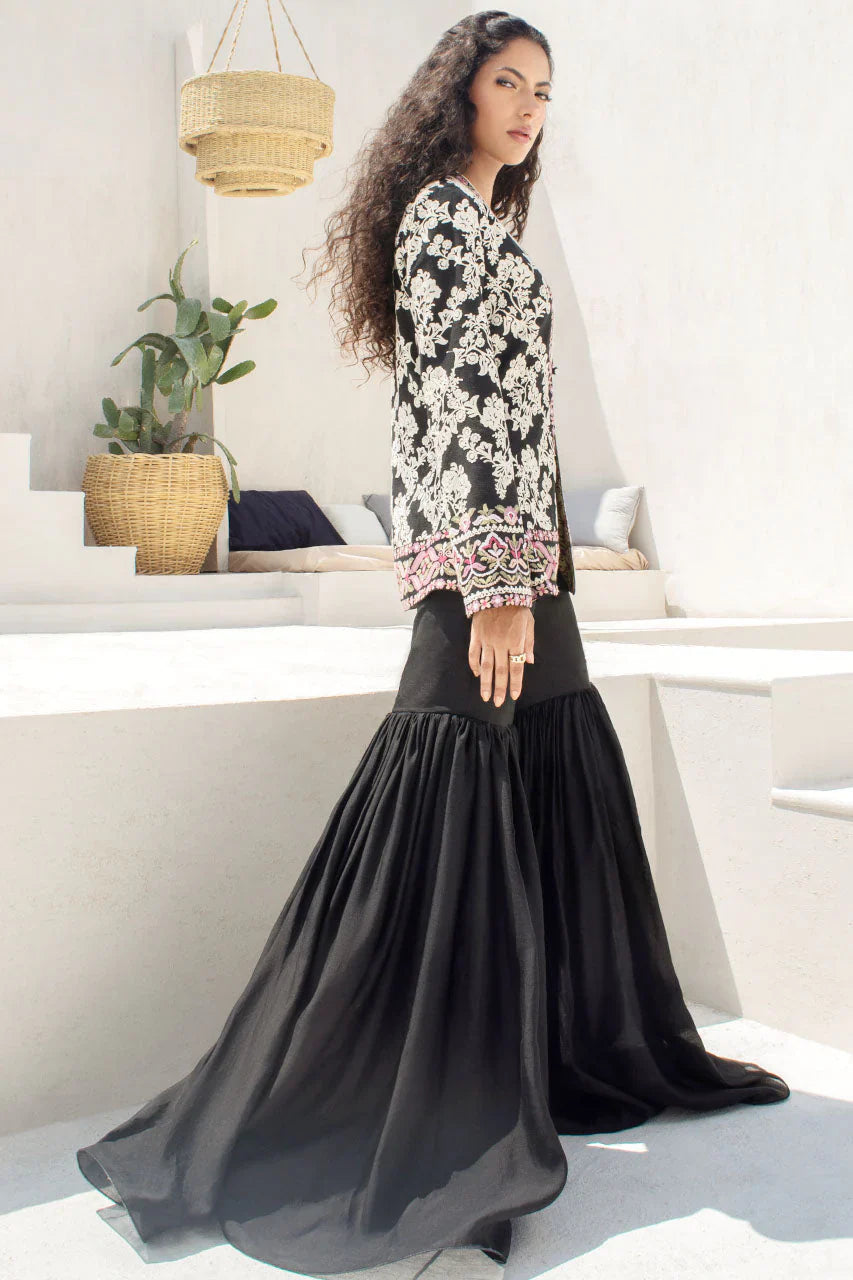 Jacket Luxury- Black Embroidered Khaddi Curdoroy Front-Open Short Jacket