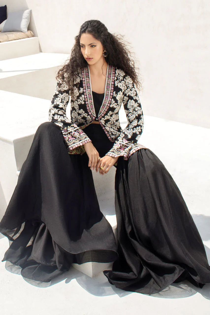 Jacket Luxury- Black Embroidered Khaddi Curdoroy Front-Open Short Jacket