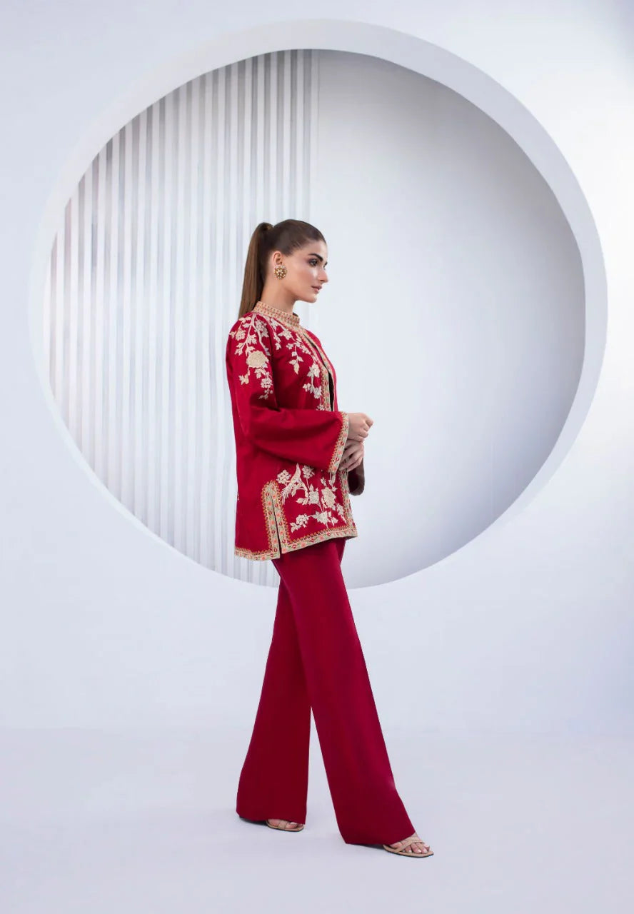 Jacket Luxury- Wine Red Self Jamawar Jacket With Trousers