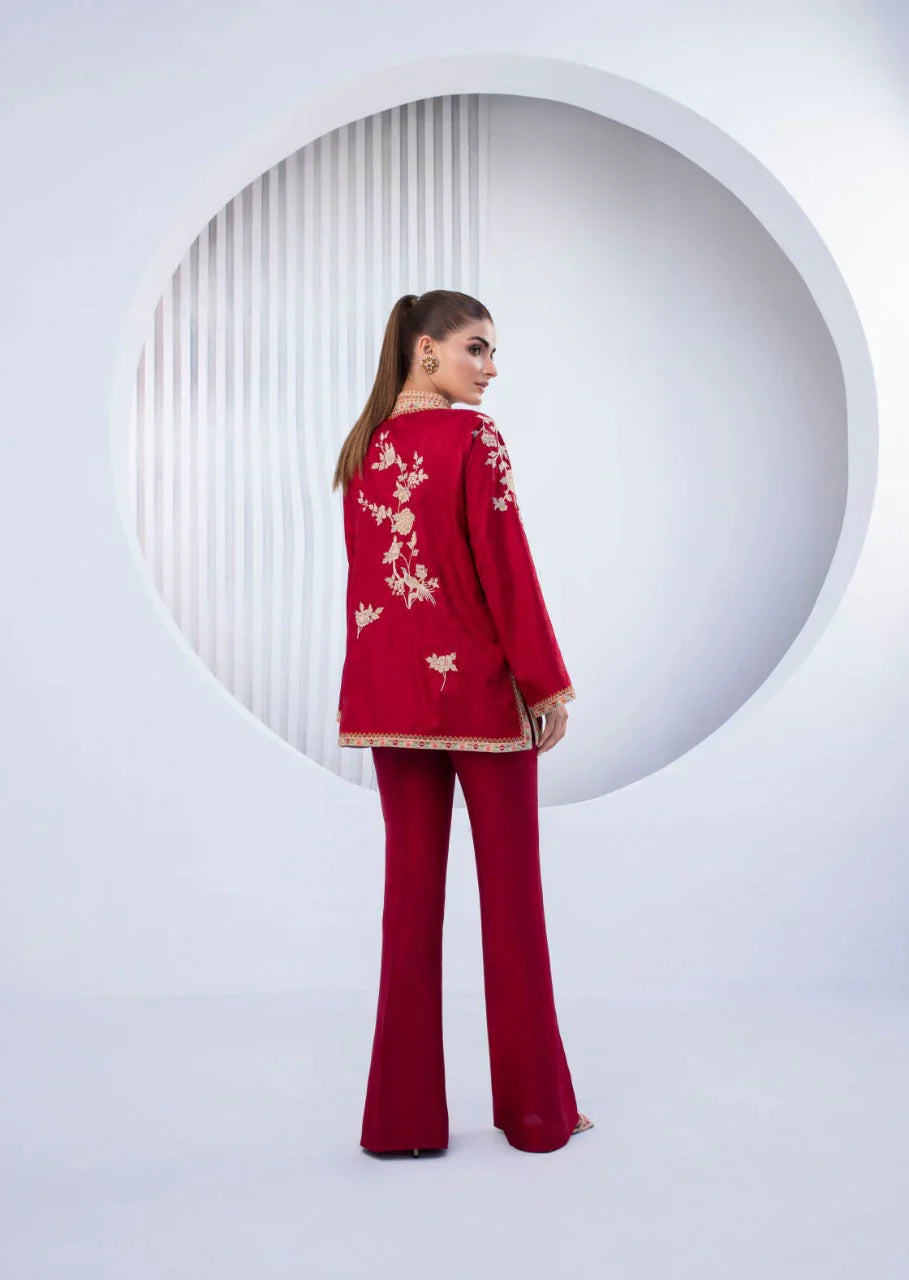 Jacket Luxury- Wine Red Self Jamawar Jacket With Trousers
