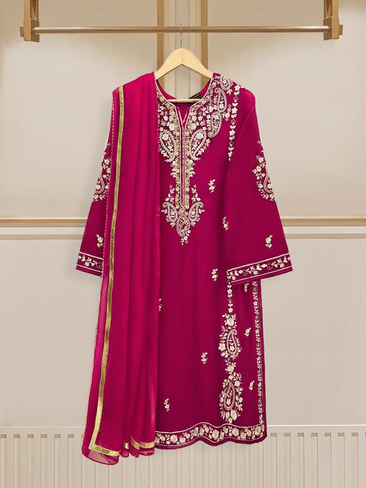 3 Piece - Pure Cotton Net Embroidered Suit S110187