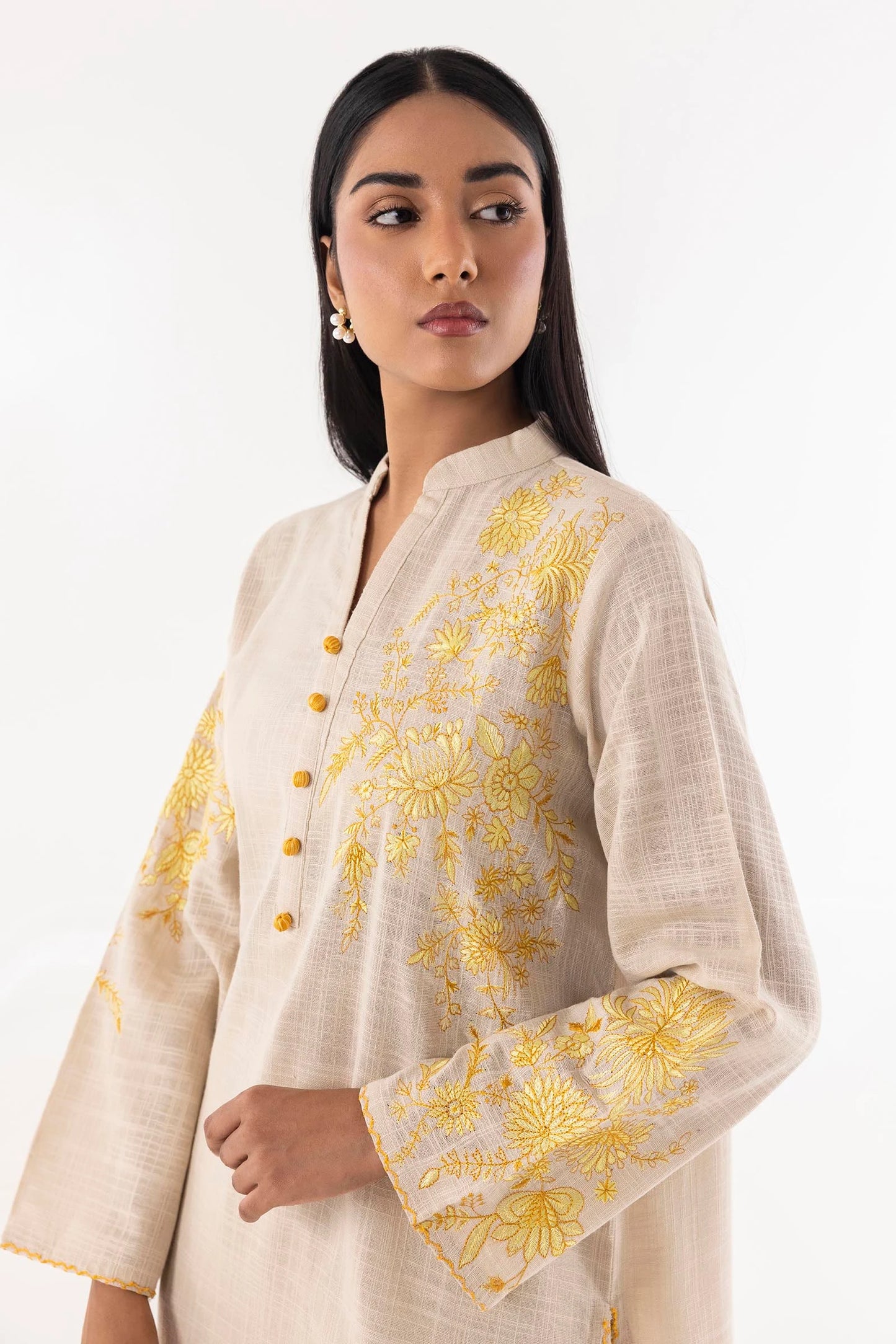 Stitched Beige Slub Embroidered Shirt