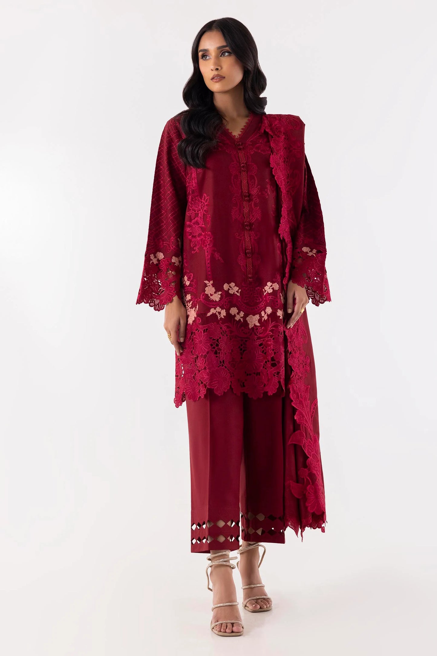 Stitched Maroon Embroidered Shirt + Culotte + Dupatta