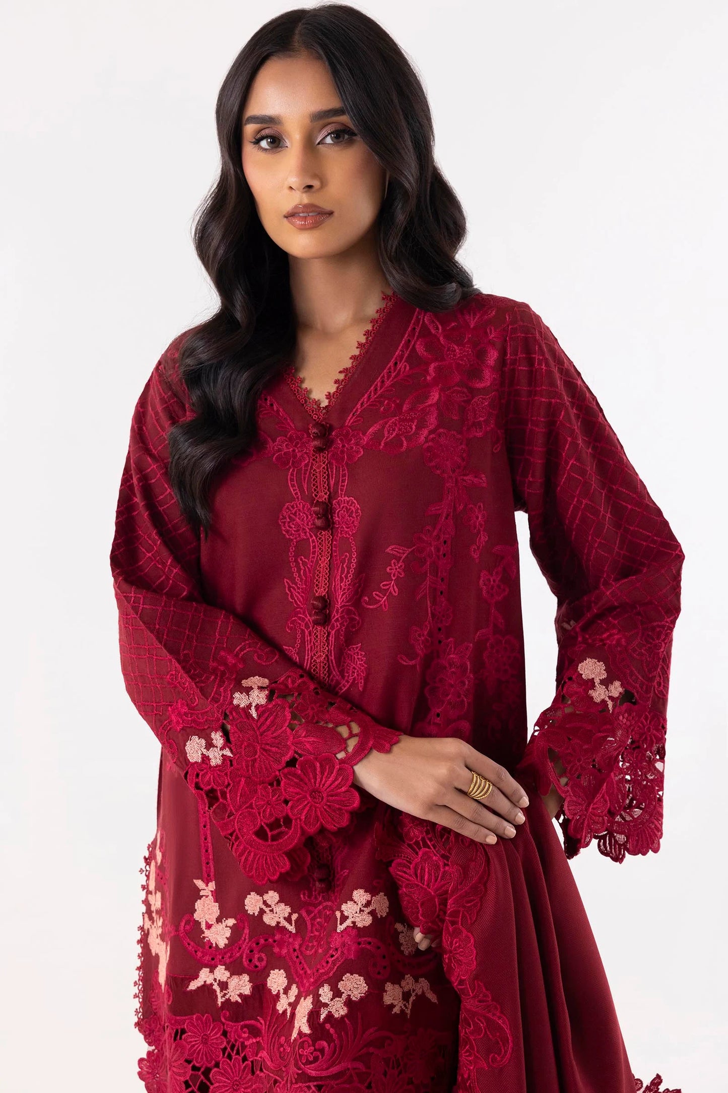 Stitched Maroon Embroidered Shirt + Culotte + Dupatta