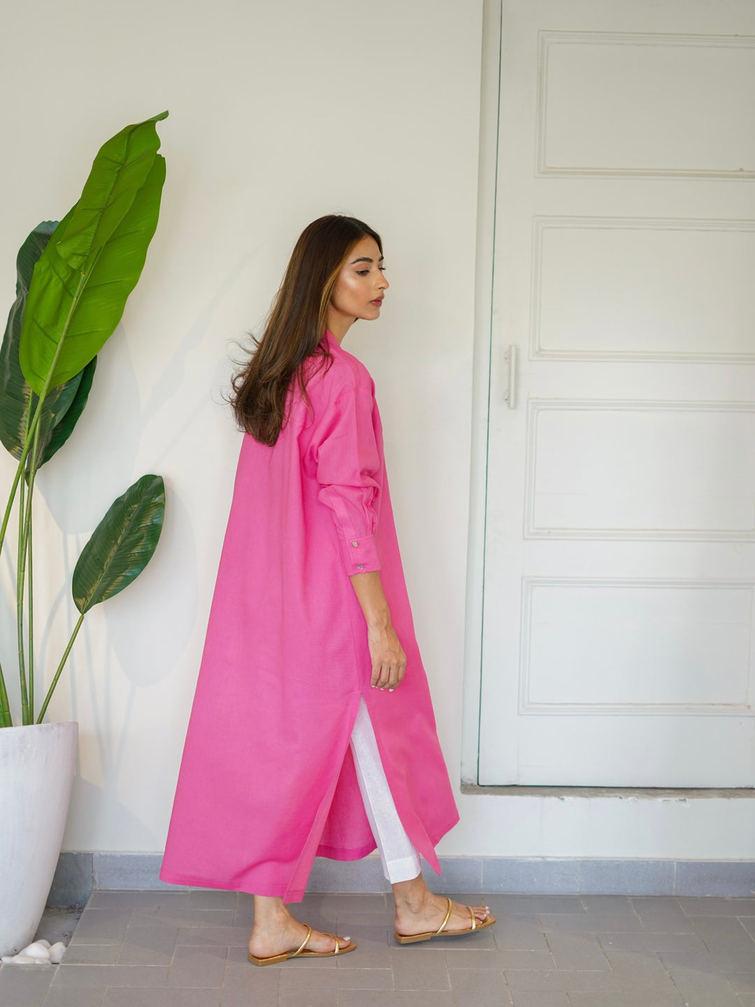 Oversized Linen Shirt Dress In Pink - Sale