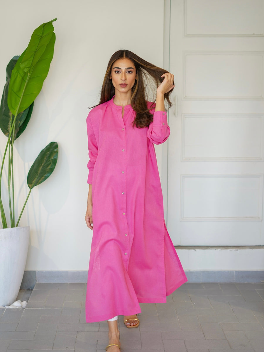 Oversized Linen Shirt Dress In Pink - Sale